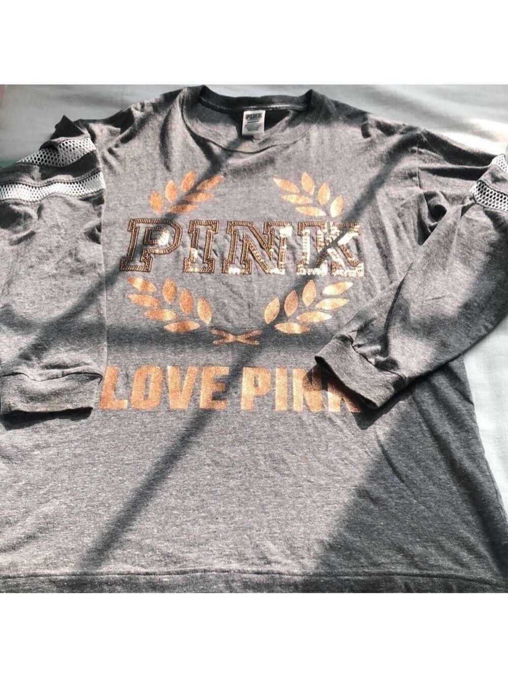Victoria's Secret Pink Bling Campus Long Sleeve Tee Heather Gray Rose Gold Small - Picture 9 of 13